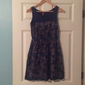 Tan and blue floral dress.
